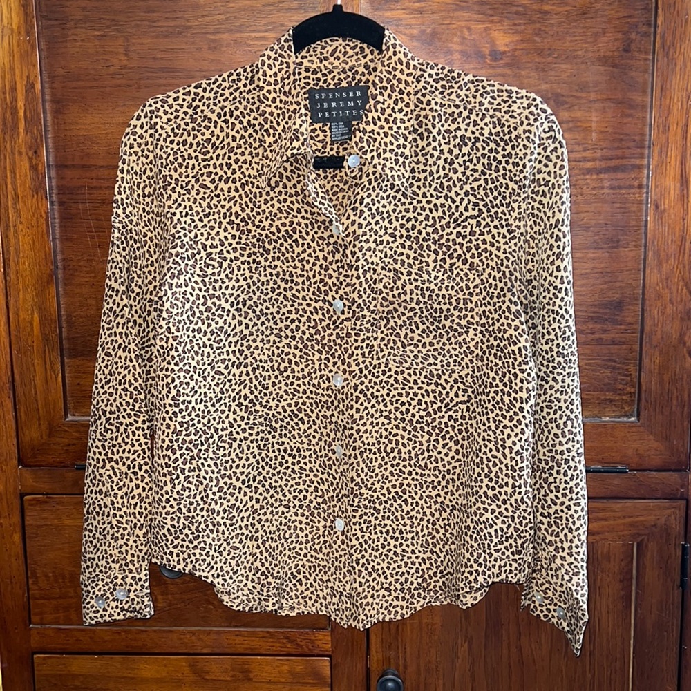 100% silk animal print button down top